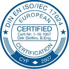 Siegel DIN EN ISO/IEC 17024 European Certified, Cert-Nr. 1-18-1067, Dirk Steffen